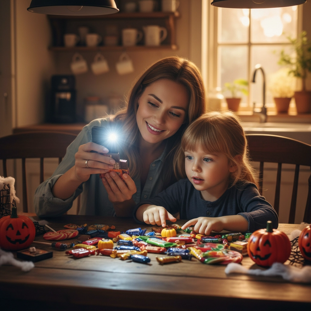 A picture of a Mom and her daughter checking through Halloween candy received on their kitchen table. Boo! the Ultimate Guide for a Safe and fun Halloween 2025