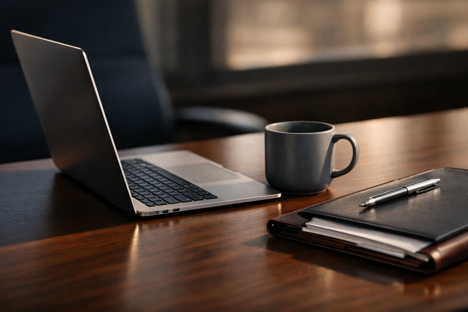Modern executive desk with laptop and files during the due diligence phase of a service business sale.