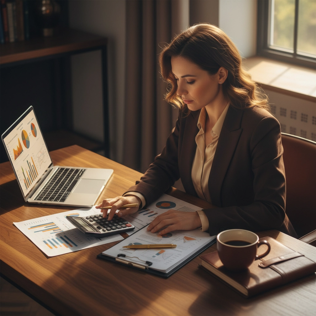 A woman sitting at her desk budgeting. She has laptop to her right, and working on a calculator while a clipboard sits in front of her with the top page showing charts and figures.