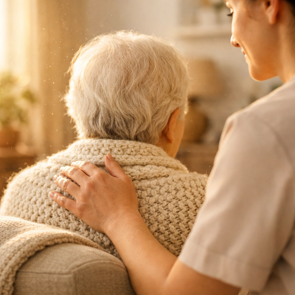 Professional carer supporting an elderly person in a bright Southampton living room.