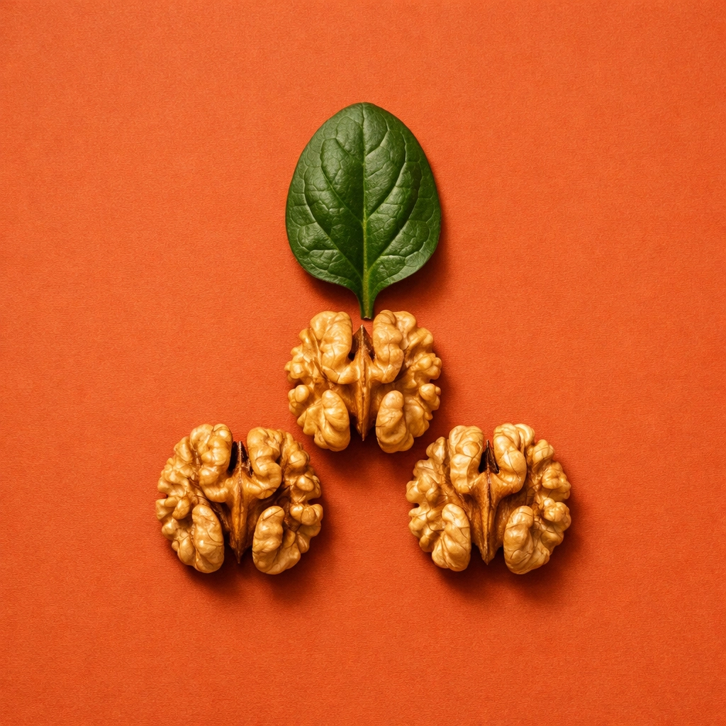 Walnut halves and a green spinach leaf as brain fuel superfoods rich in omega-3 fatty acids.