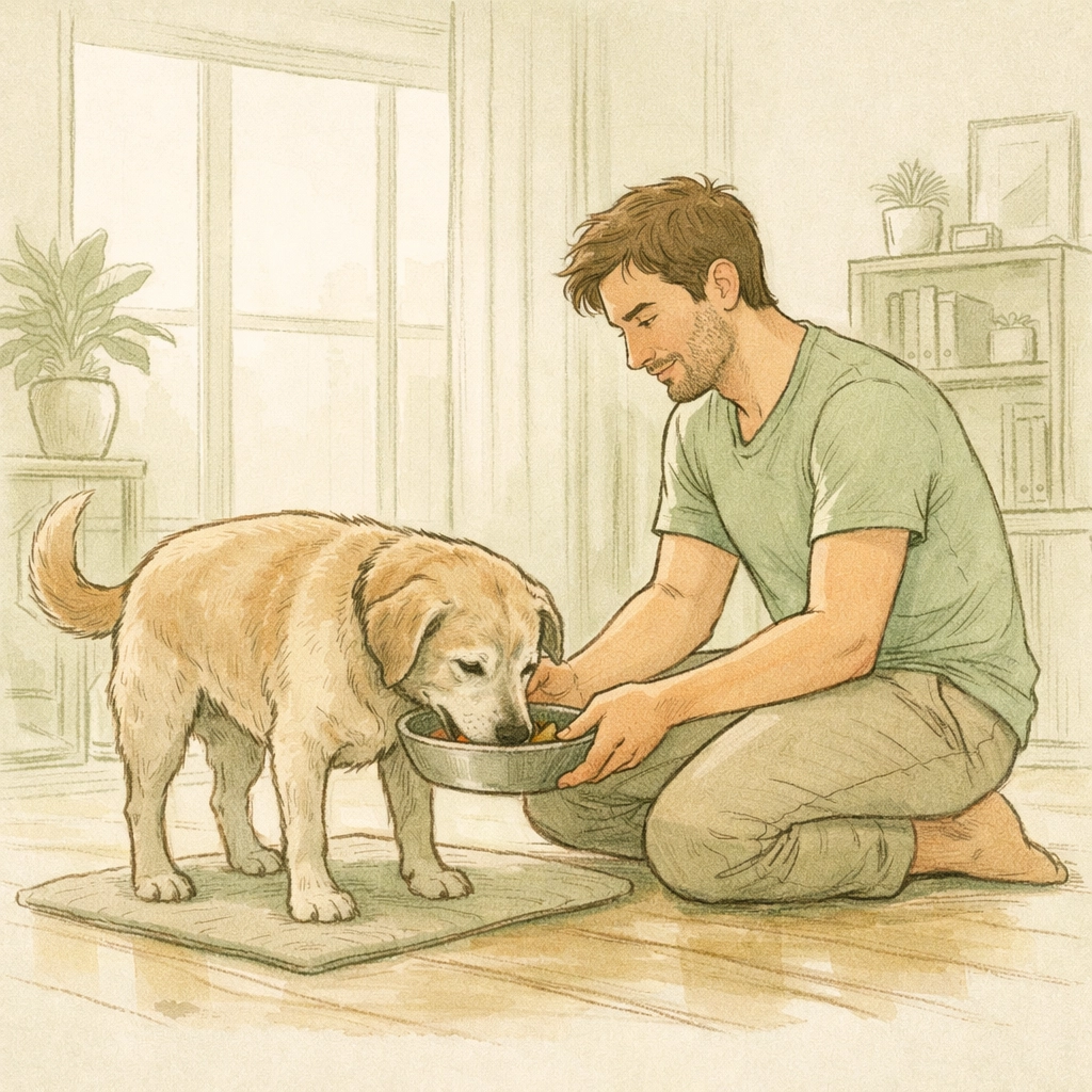 Gay man creating daily routine by feeding senior foster dog in his home