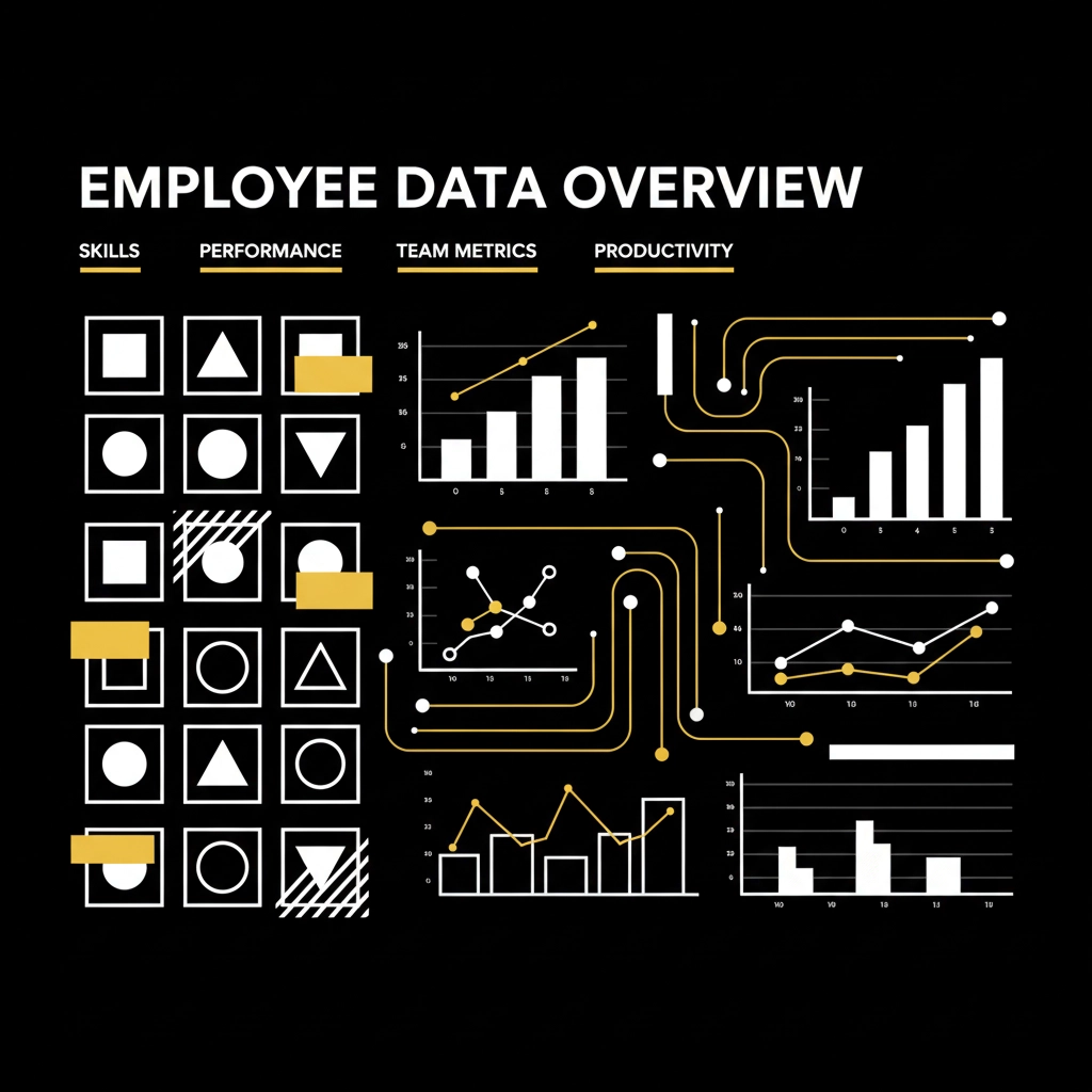 Diagram titled "Employee Data Overview" with charts on skills, performance, team metrics, productivity; white/yellow on black background.