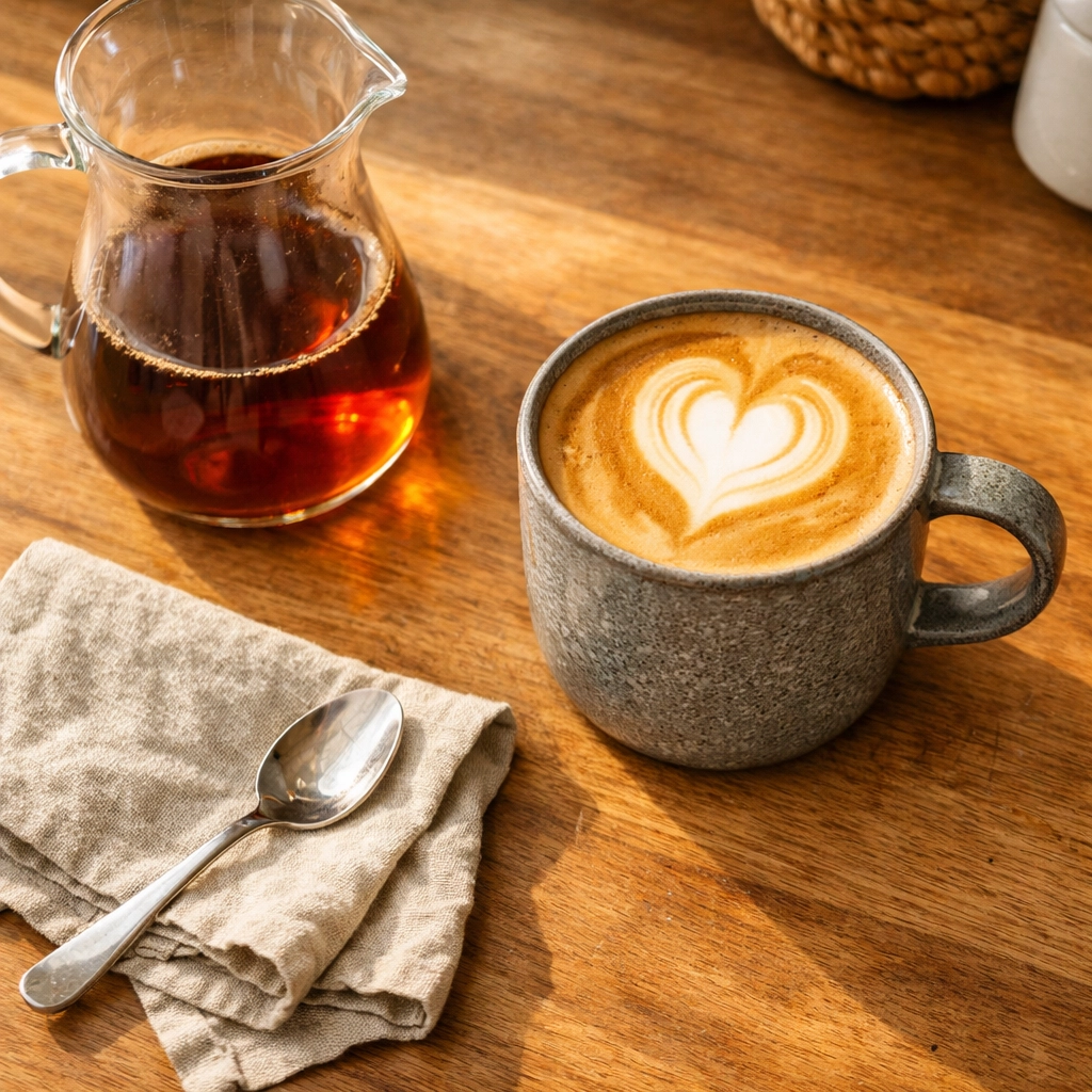 A finished latte with heart latte art and a carafe of fresh filter coffee on a sunny breakfast bar.