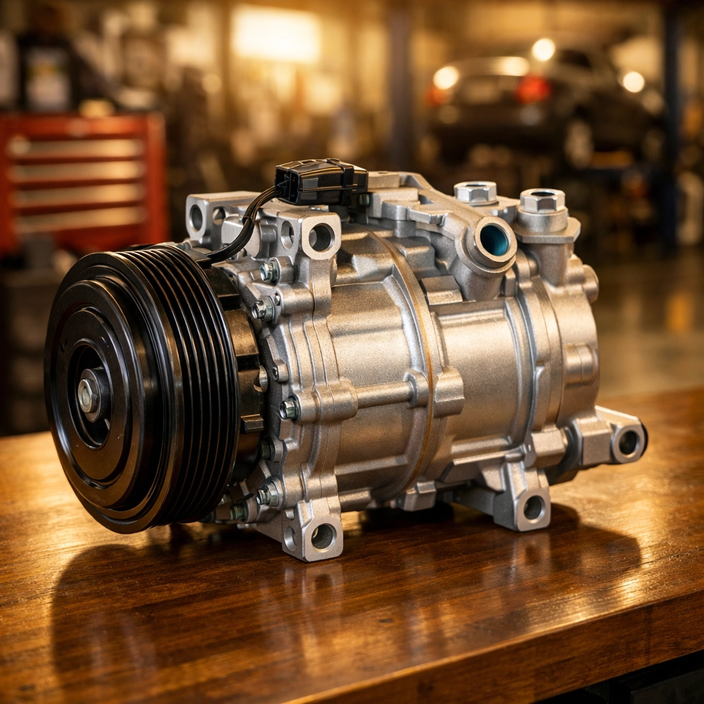 Durable OEM factory car AC compressor part on a workbench for reliable air conditioning repair services.