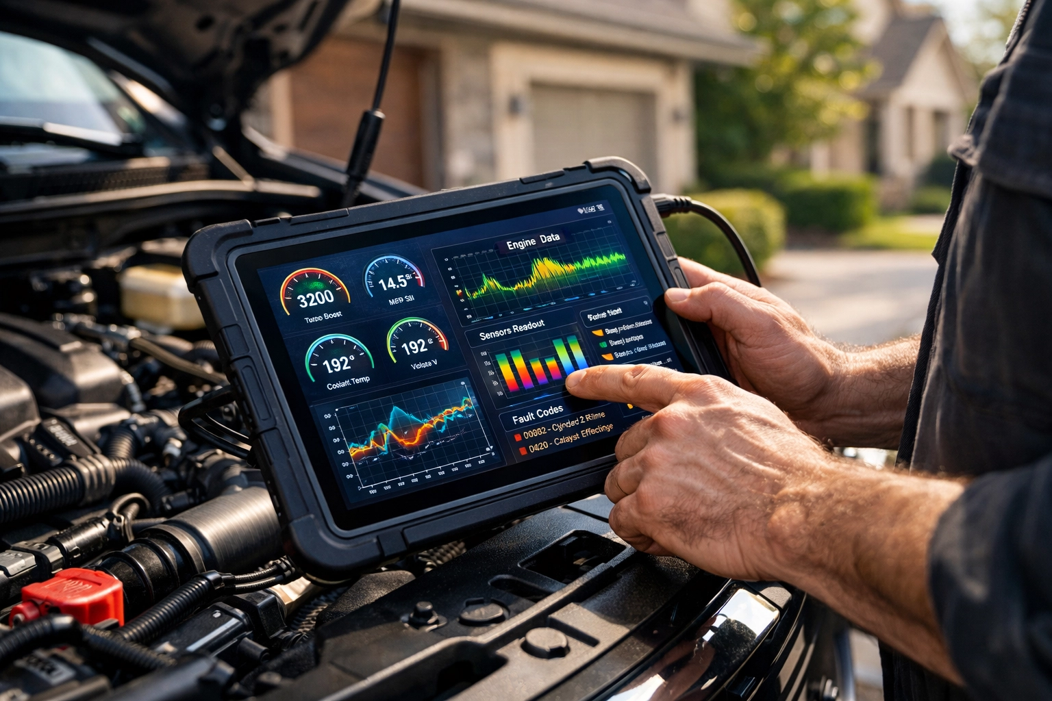 Professional mobile auto diagnostics performed by an ASE certified mobile mechanic in a driveway.