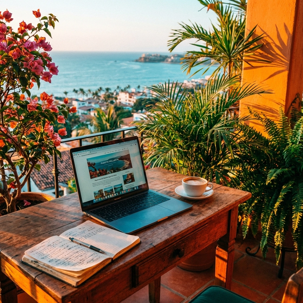 Balcony view of a Puerto Vallarta apartment with ocean backdrop, workspace, and tropical plants, highlighting apartments for rent in Puerto Vallarta.