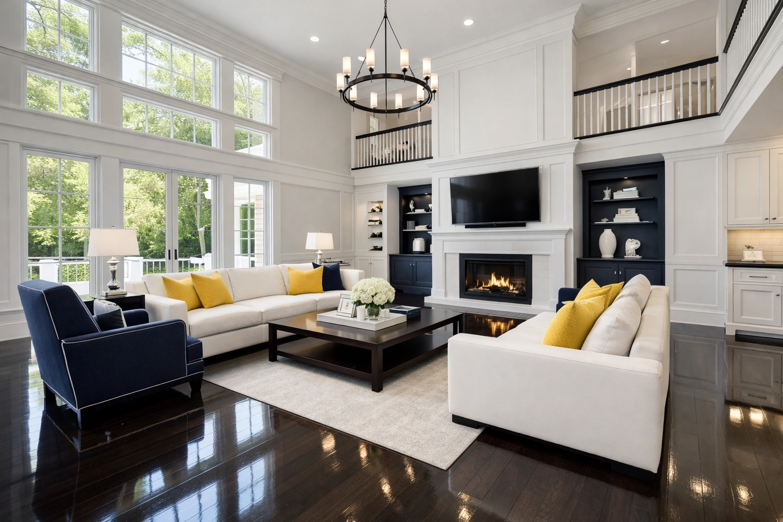 Immaculate Massachusetts living room with polished floors after professional house cleaning services in MA.