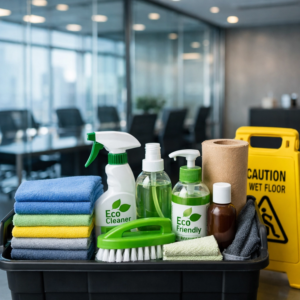 Professional janitorial kit and eco-friendly supplies in a clean Indianapolis corporate office suite.