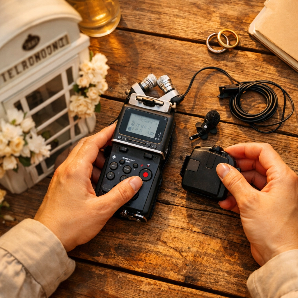 Hands setting up professional wedding audio rental gear near a vintage white telephone booth for guest messages.
