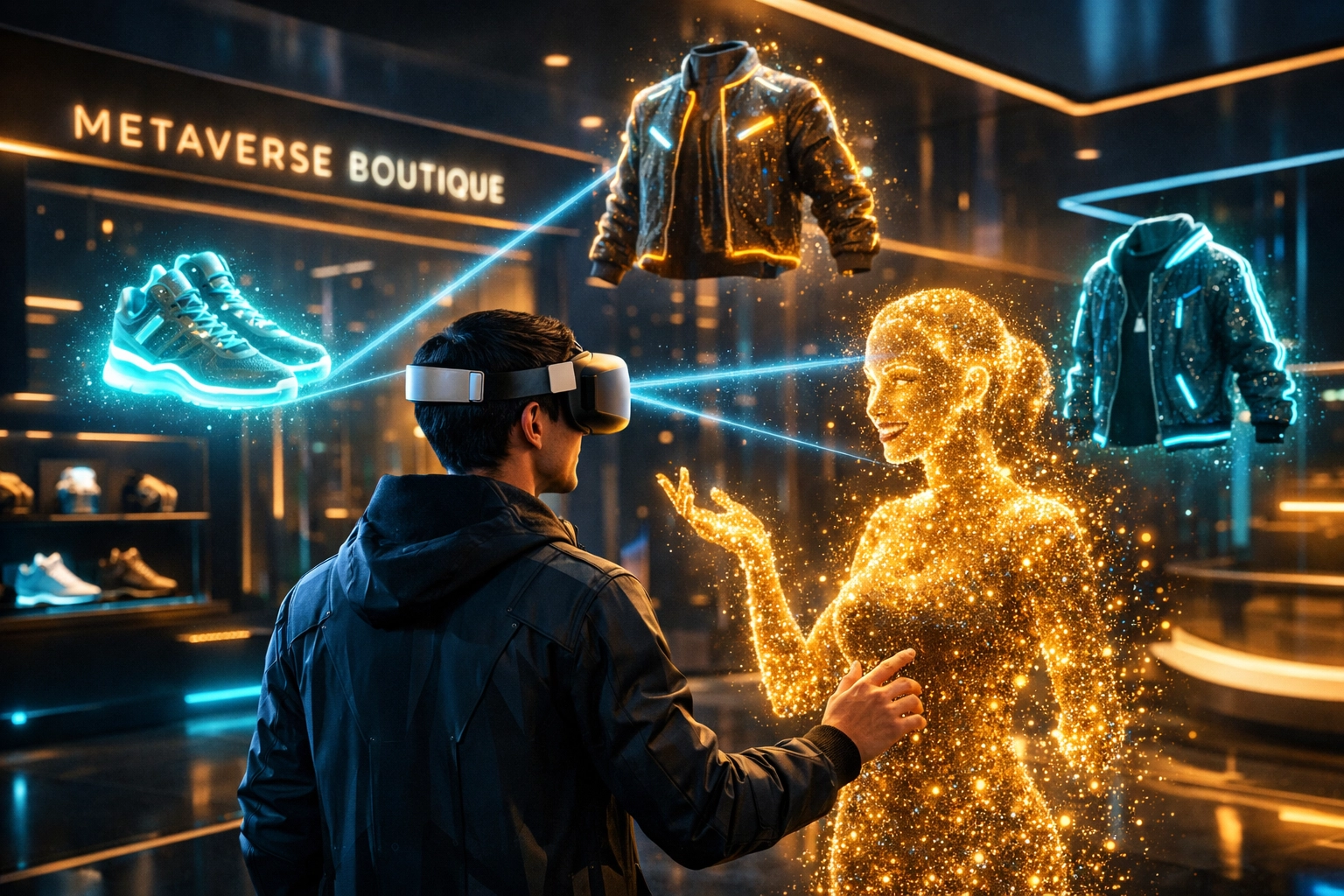 AI assistant helping a person shop for digital fashion in a futuristic metaverse storefront.