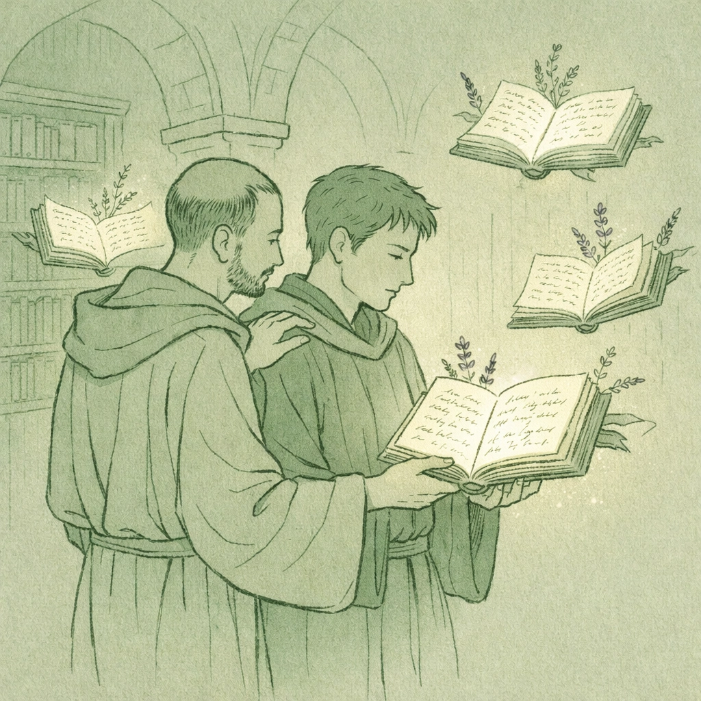 Two male scholars discovering ancient religious manuscripts together in monastery library with lavender
