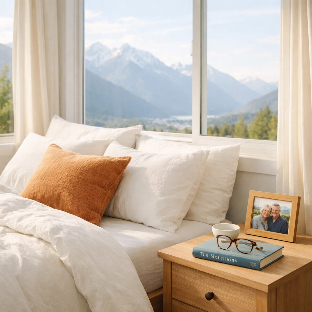 Peaceful minimalist bedroom in downsized home designed for simple retirement living