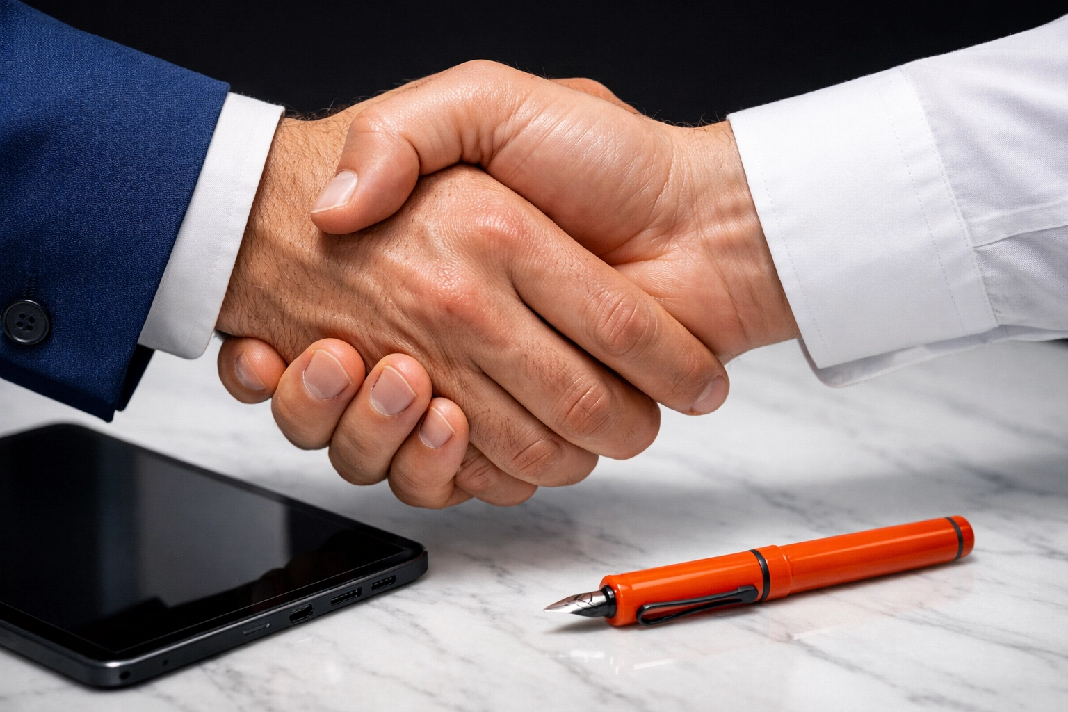 Professional handshake closing a successful home service business brokerage deal.