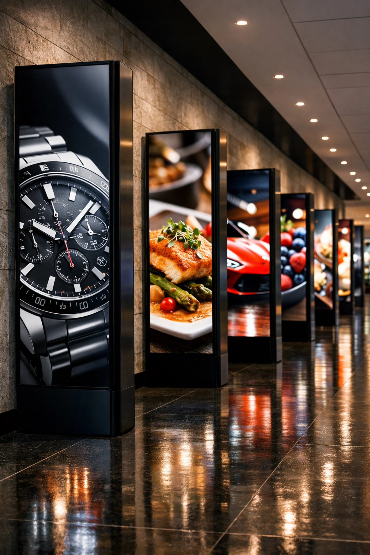 Vertical LED advertising pillars in a sports arena concourse showing promotional venue media content.