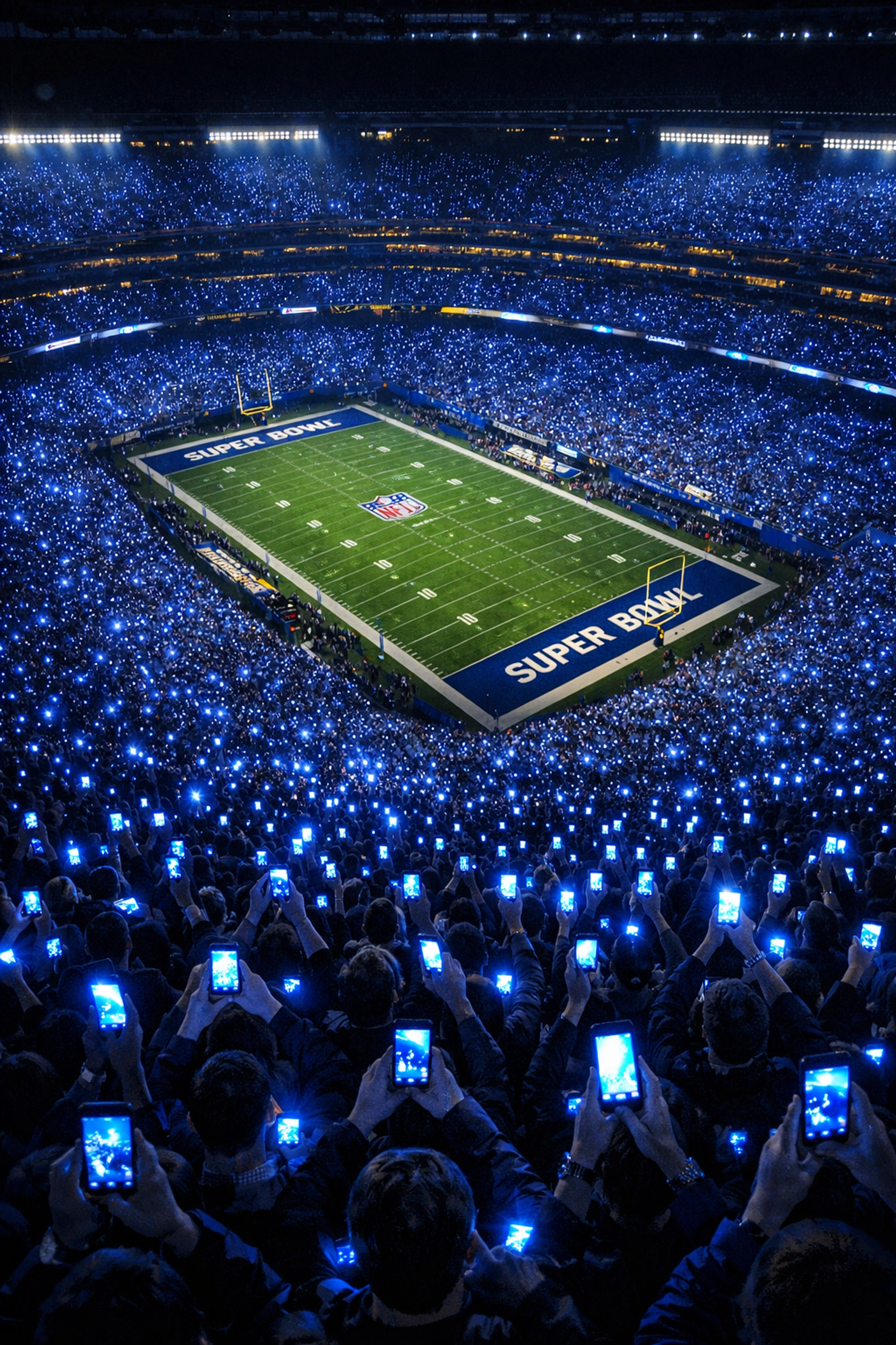 Super Bowl stadium crowd illuminated by smartphones instead of watching the game
