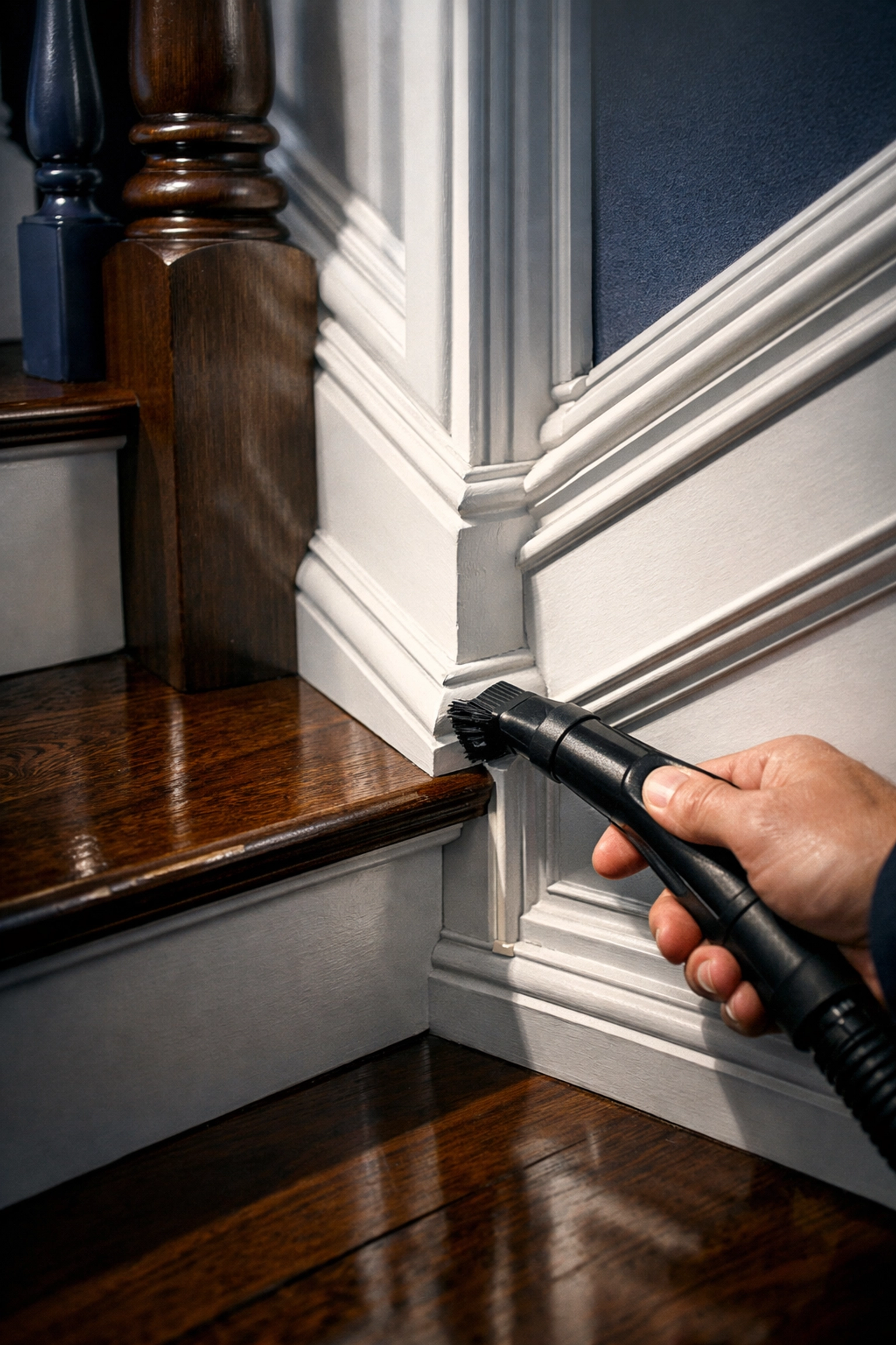 Detail-oriented deep cleaning of architectural molding and wainscoting in a Groton, MA home.