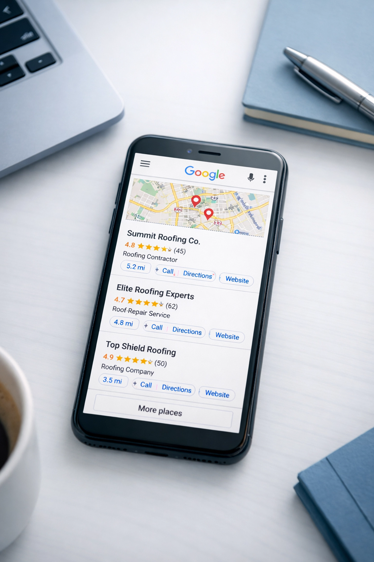Google Map Pack displaying three local roofing companies in search results