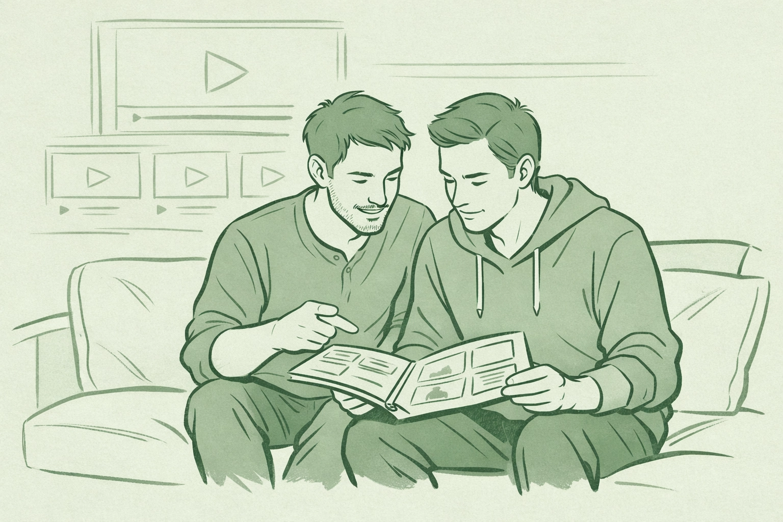 MM romance authors reviewing script for streaming adaptation with Netflix-style interface