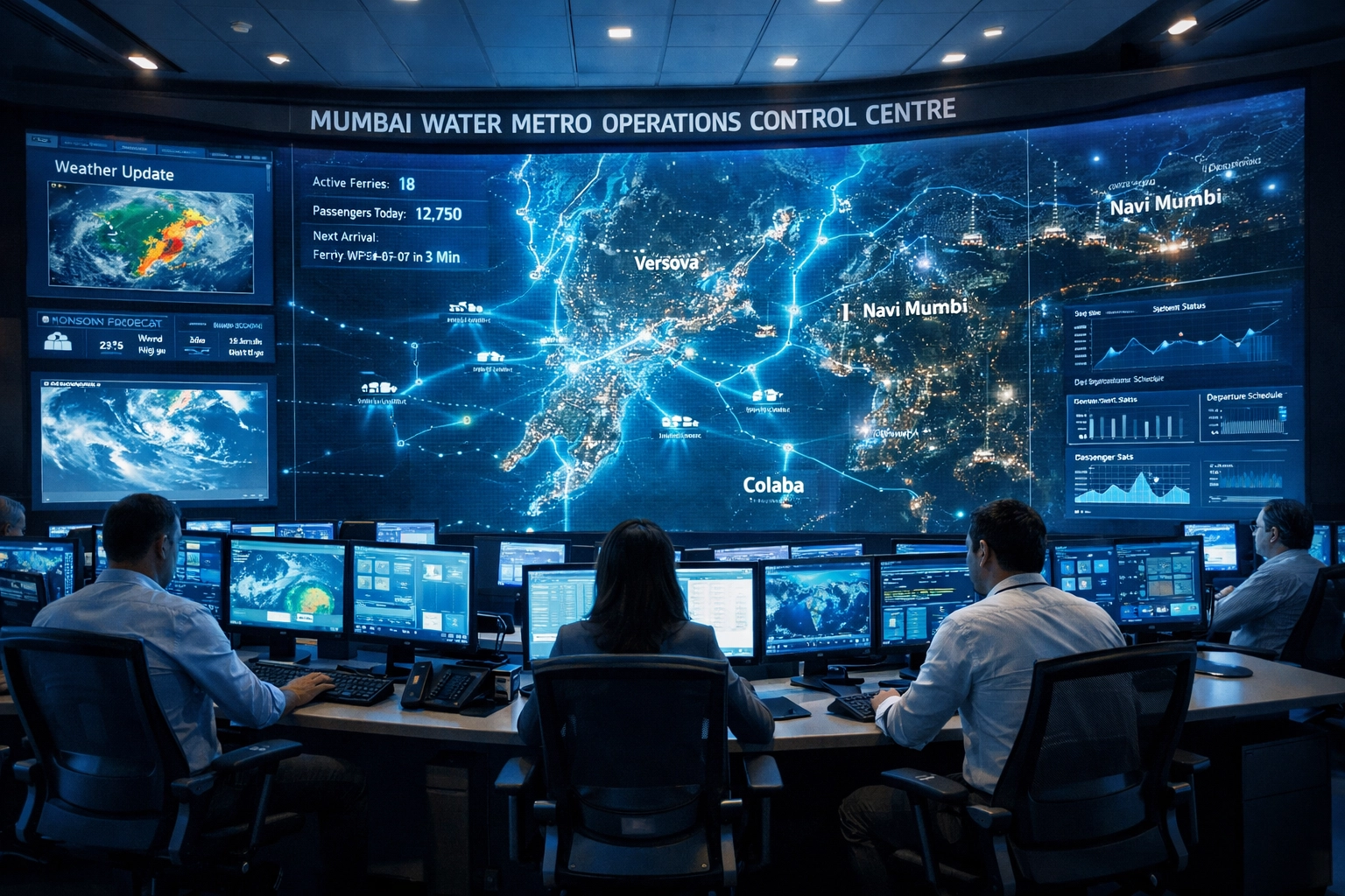 High-tech Operations Control Centre monitoring electric ferry movements across Mumbai's waterways.
