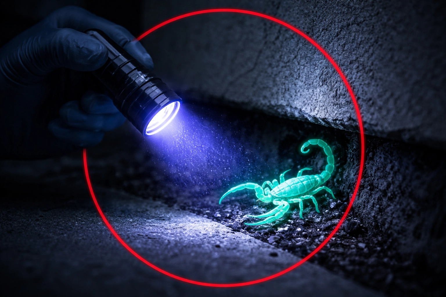 Pest control technician inspecting a home foundation with UV light, revealing a scorpion hiding in a crack for scorpion control in Coolidge.