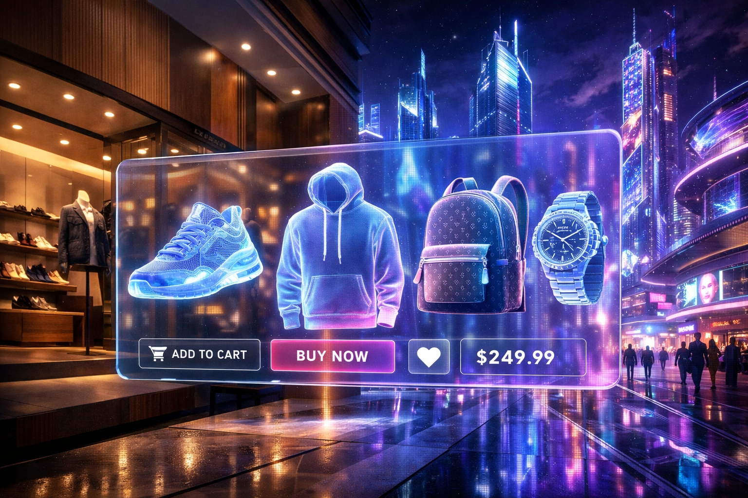 Larecoin.ai metaverse shopping experience showing holographic digital assets and physical retail boutique.