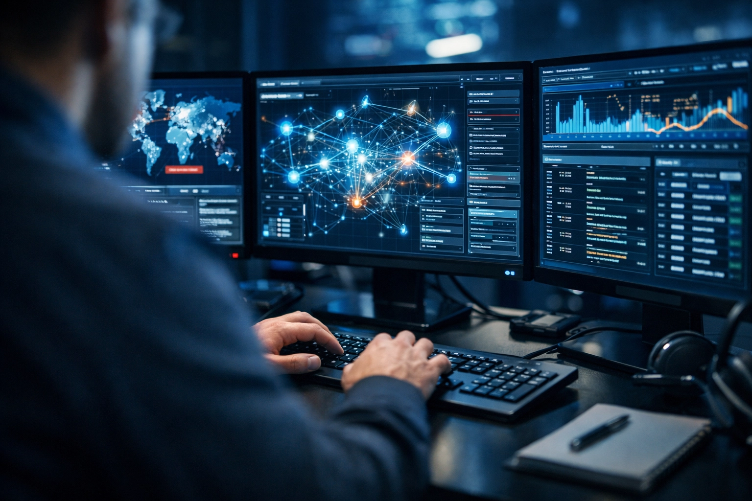 Security operations centre desk with high-tech monitors for UK business incident response.