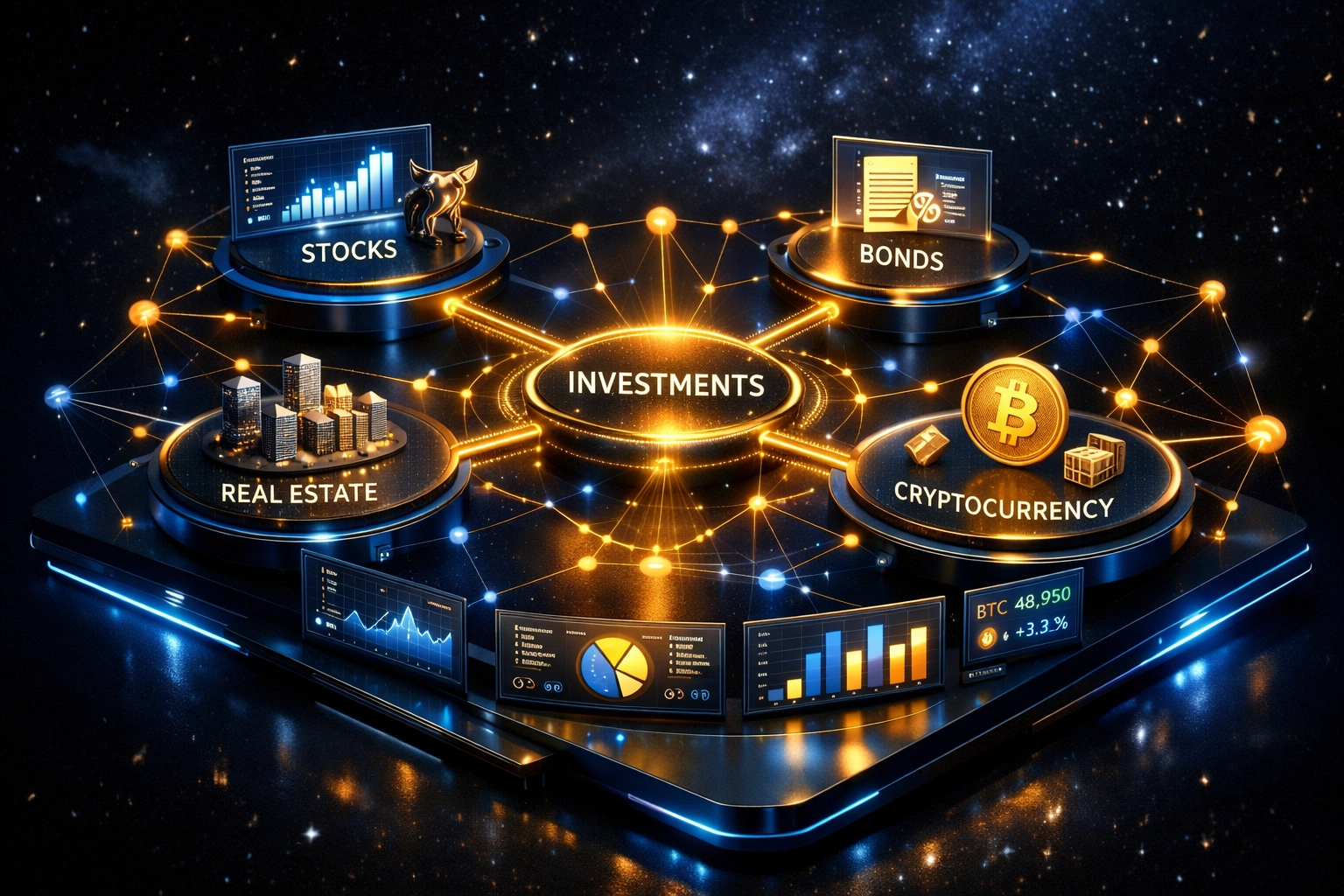 Interconnected network of alternative asset classes including stocks, bonds, real estate, and digital currencies