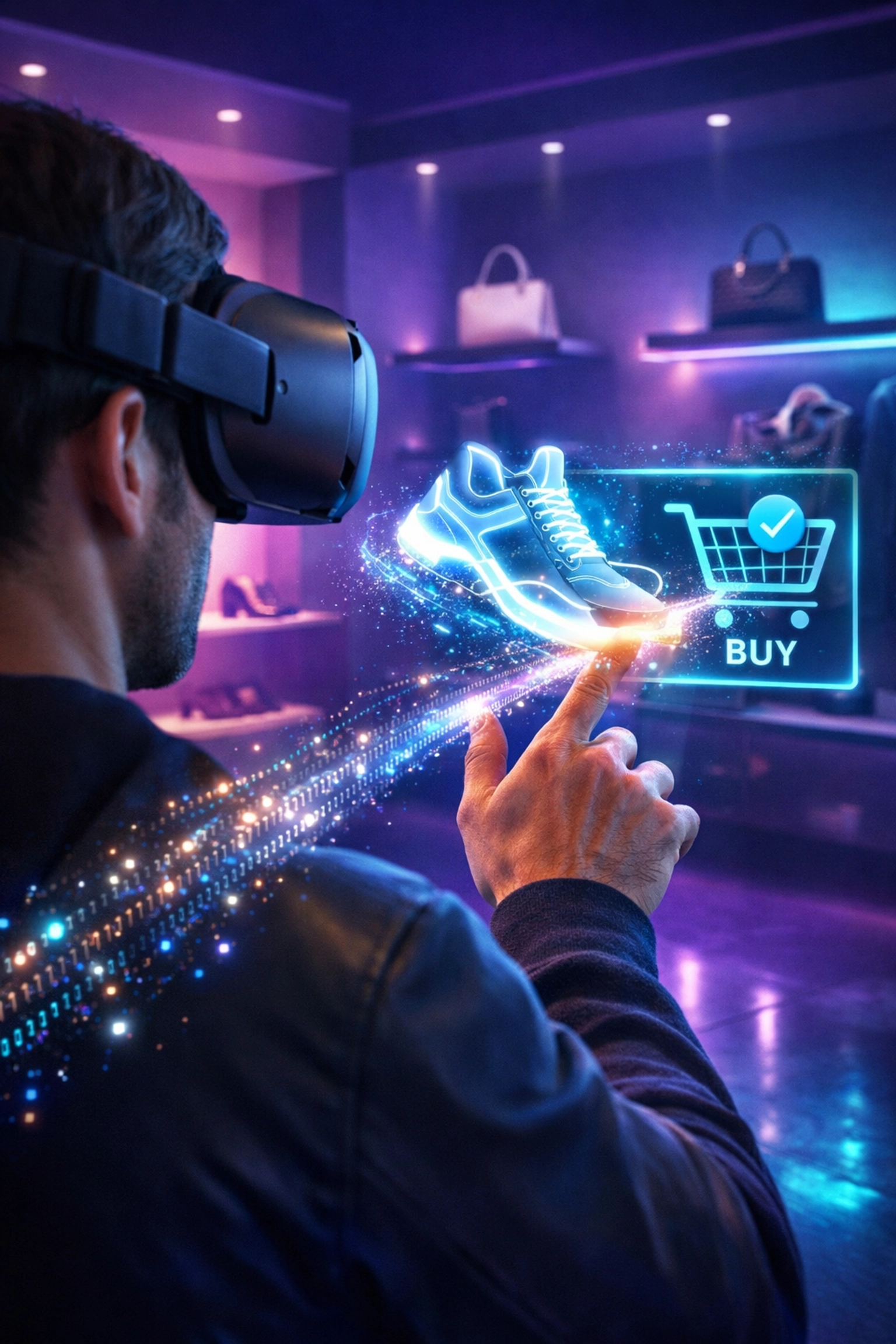 Metaverse shopping experience showing gesture-activated checkout in a virtual retail store.