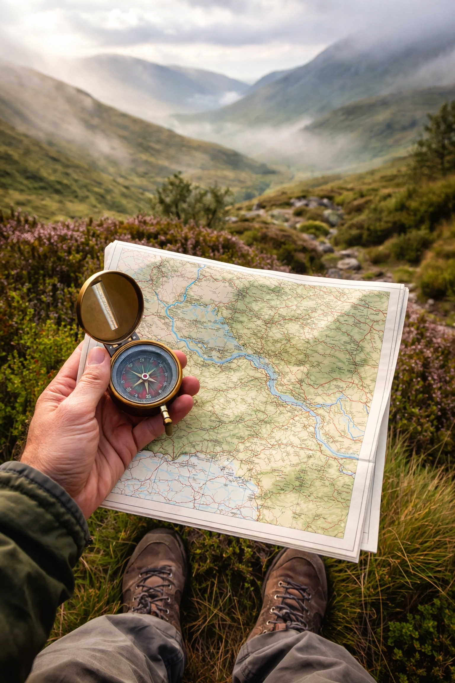 Hiker studying a map and compass in the misty Scottish Highlands, highlighting navigation skills for wild camping UK.
