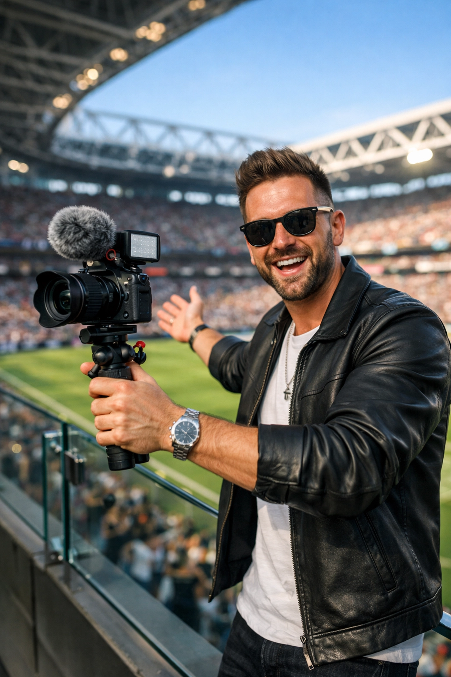 Sports influencer filming social media content from a stadium VIP terrace during a major event.