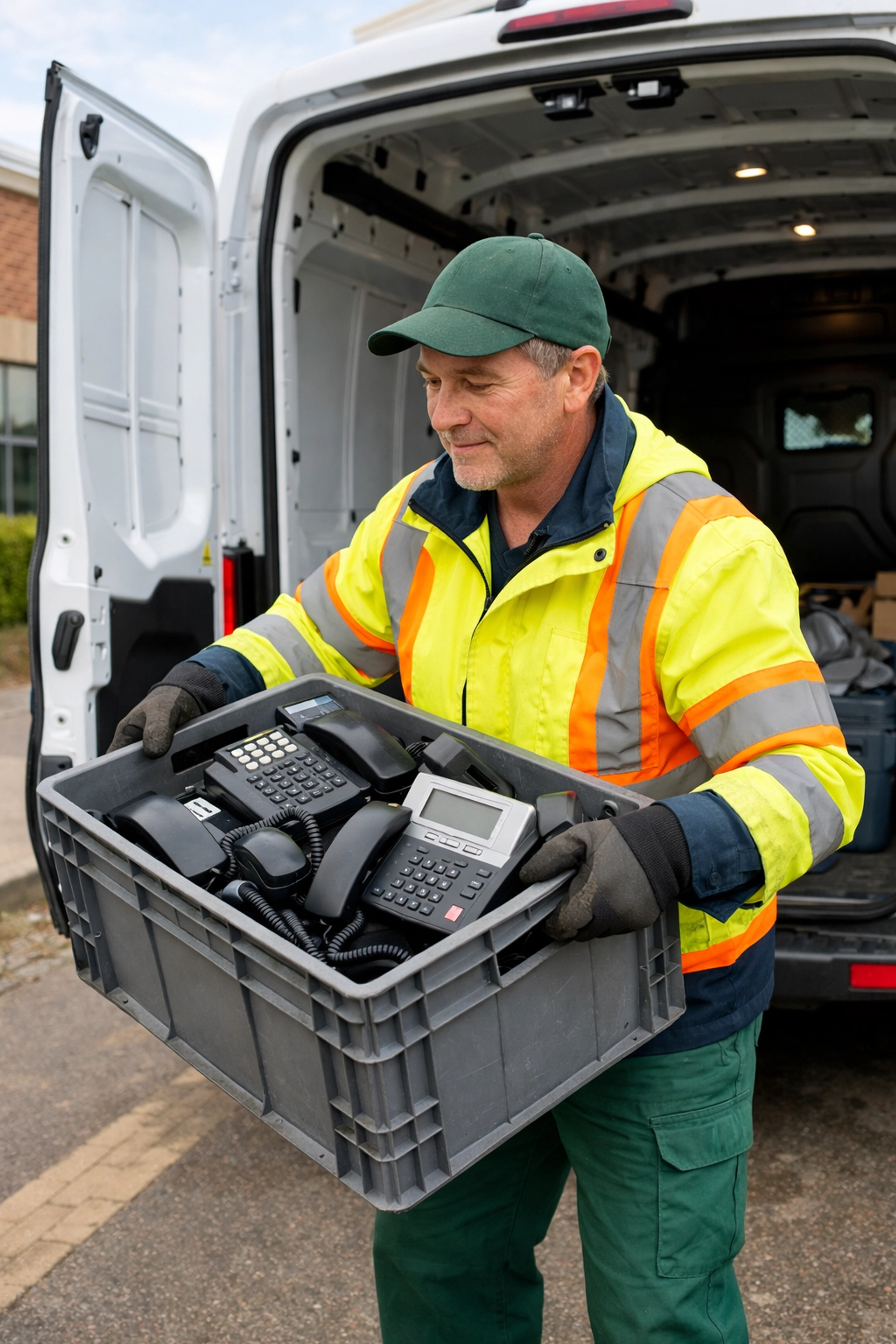 Professional e-waste collection service loading electronics into a van in Northamptonshire.
