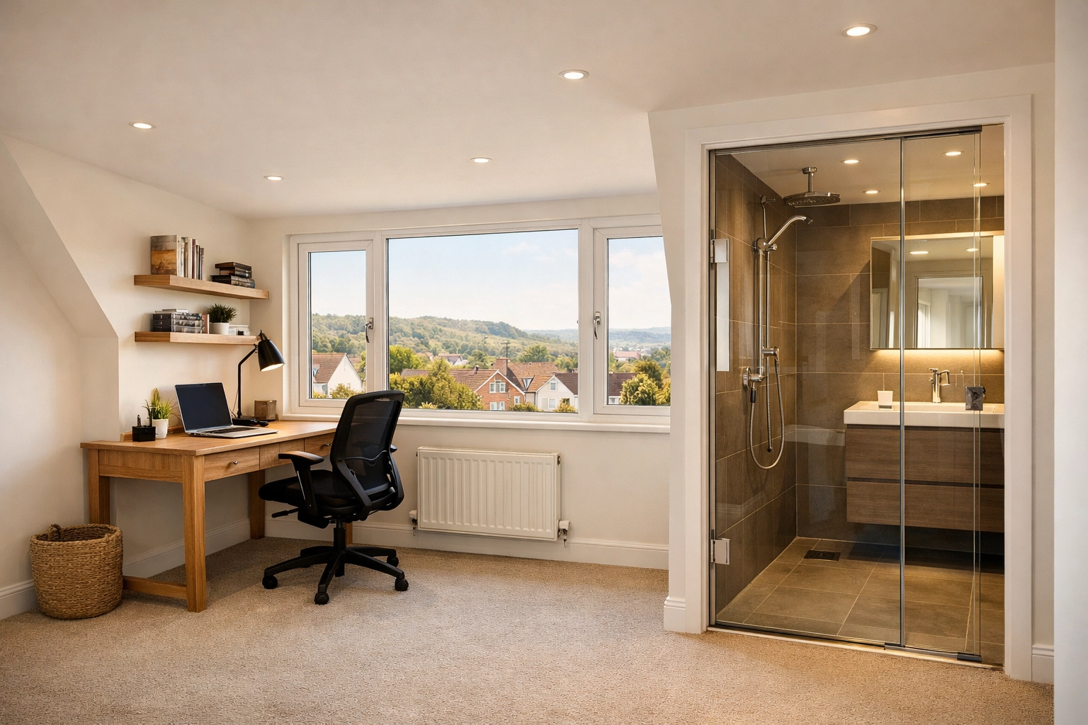 Spacious dormer loft conversion interior in Poole with vertical walls and a home office.