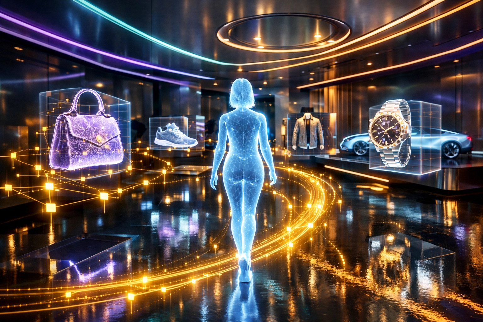 AI-powered metaverse shopping experience with Larecoin behavioral analysis in a virtual boutique.