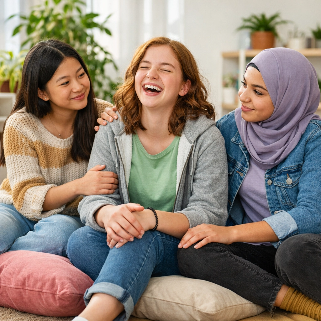 Teenage girls connecting in a supportive common room within a behavioral health residential program.