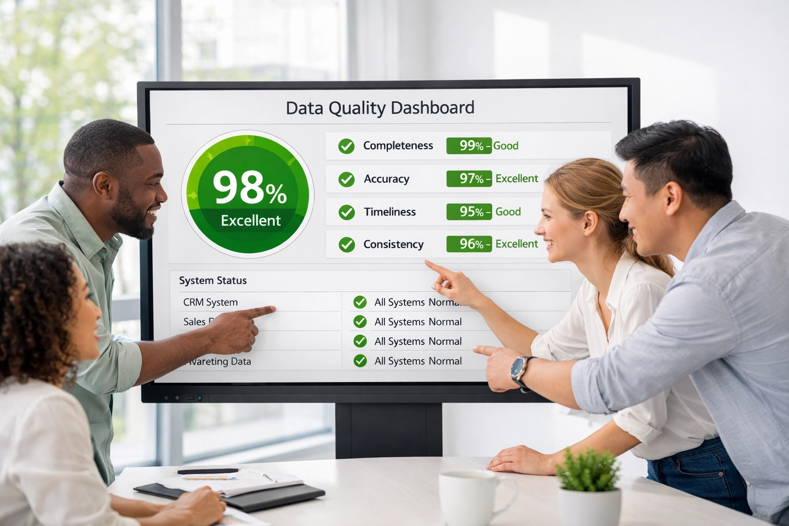 Team collaborating on data quality dashboard showing successful data transformation monitoring