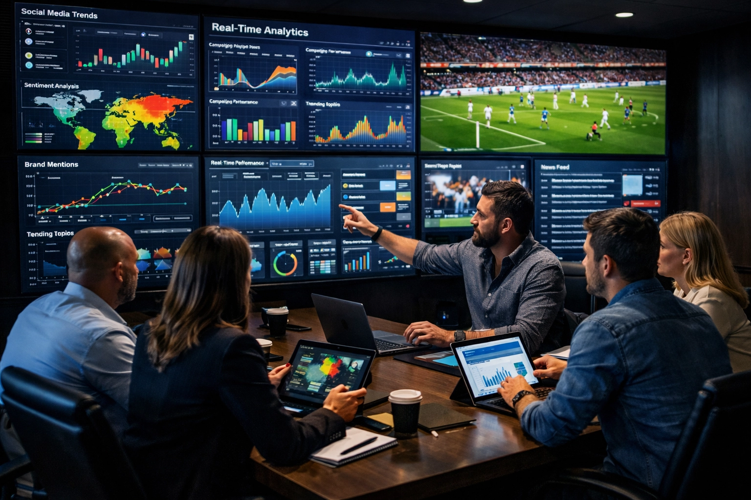 Marketing team in a high-tech brand war room managing real-time digital assets during the Super Bowl.
