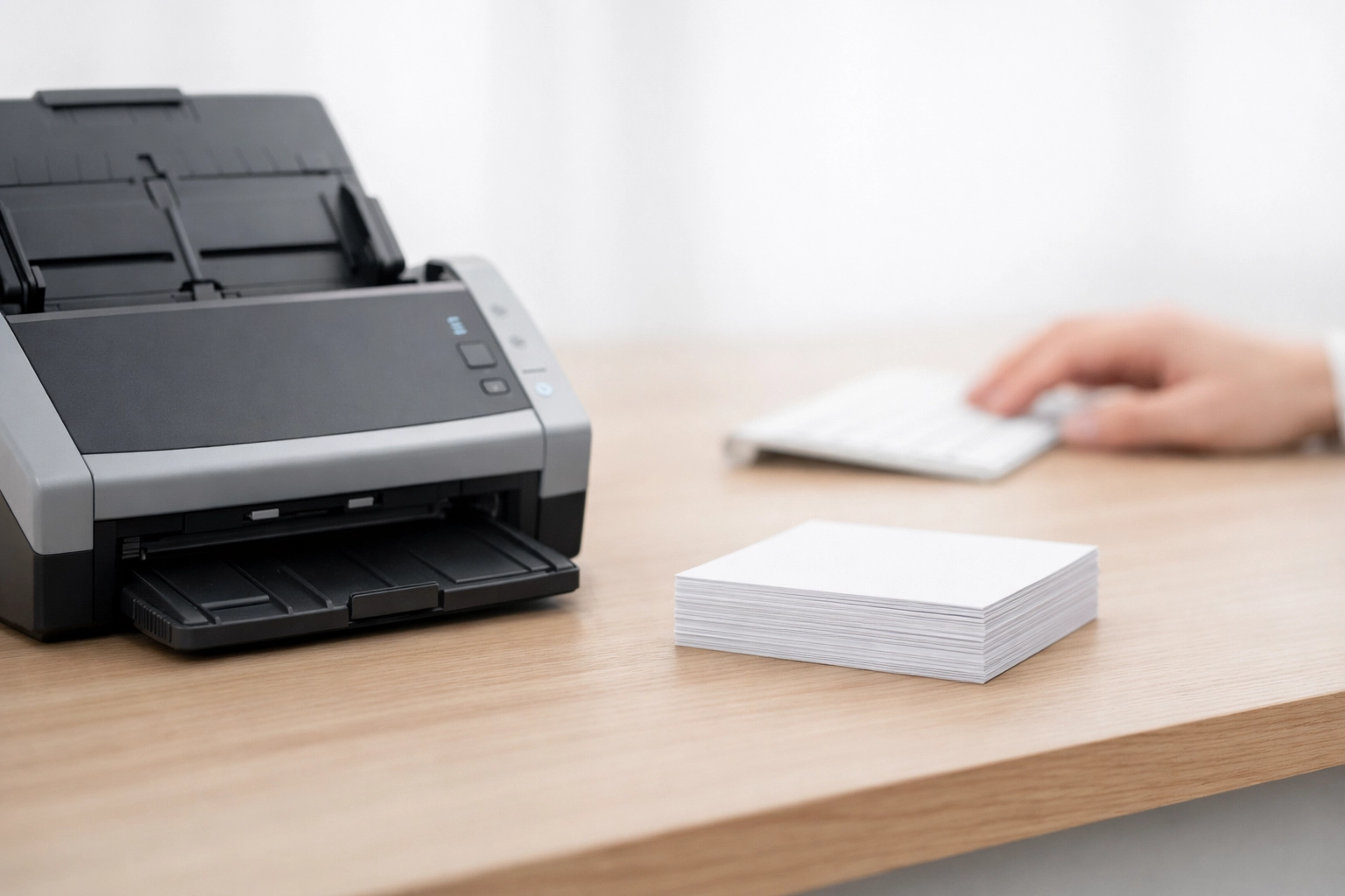 Professional document scanner on a desk for organized, audit-ready tax recordkeeping.