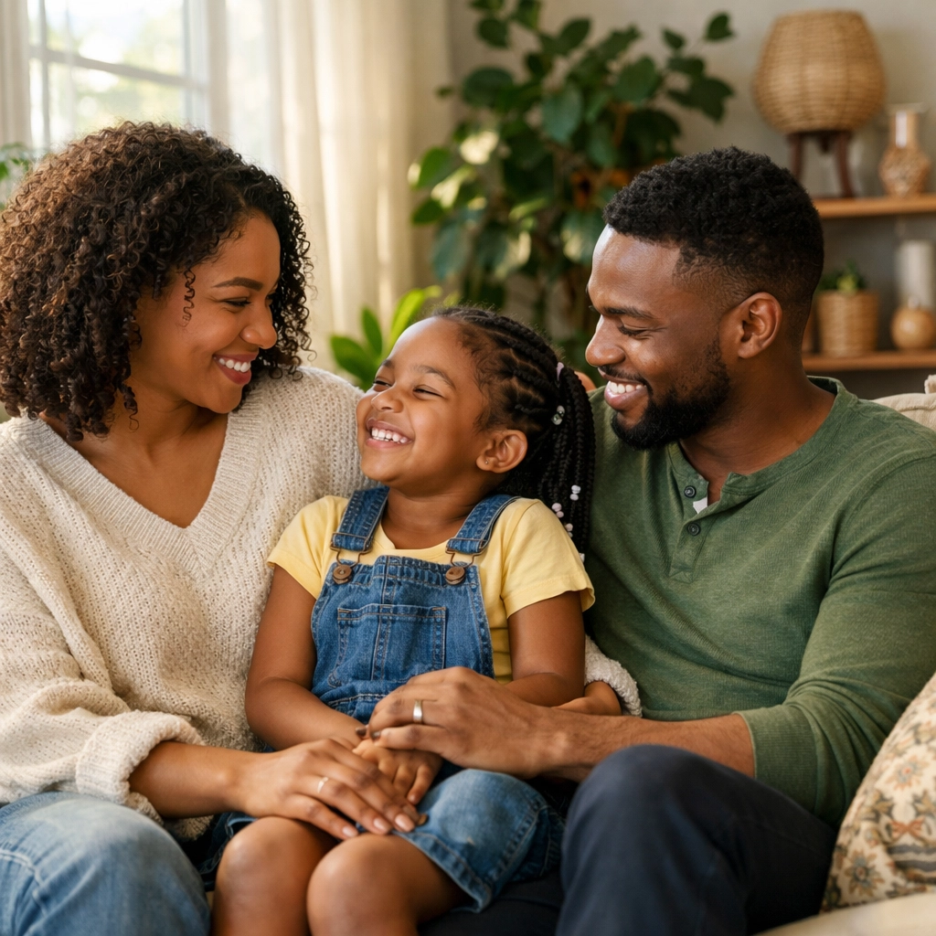 A Black family enjoys their home, representing housing stability through rent assistance in New Jersey.