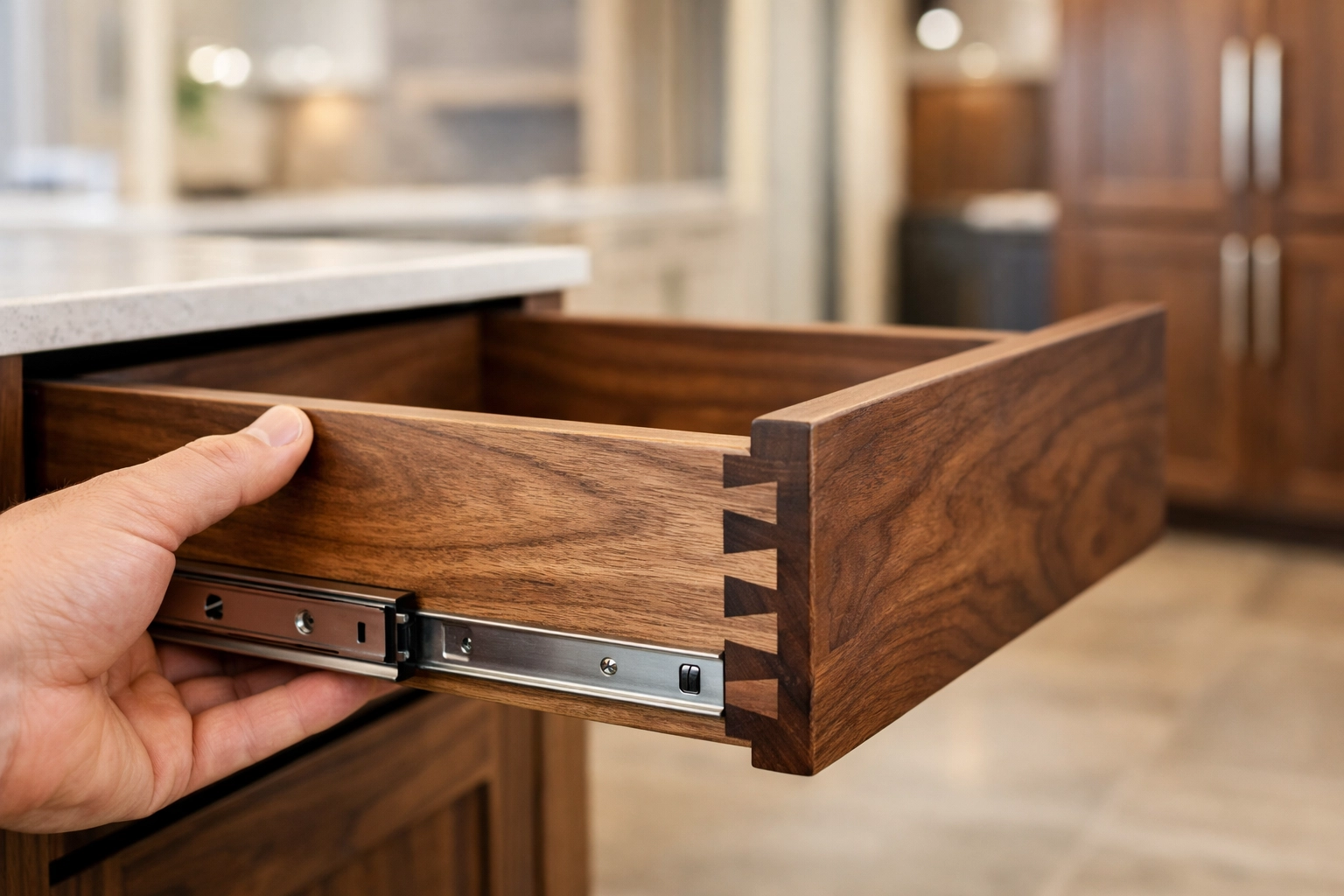Hand-crafted custom walnut drawer with dovetail joinery on display at a cabinetry retail store.