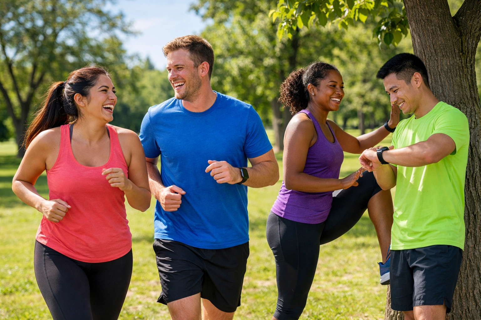 Diverse group exercising together outdoors showing community support for fitness goals