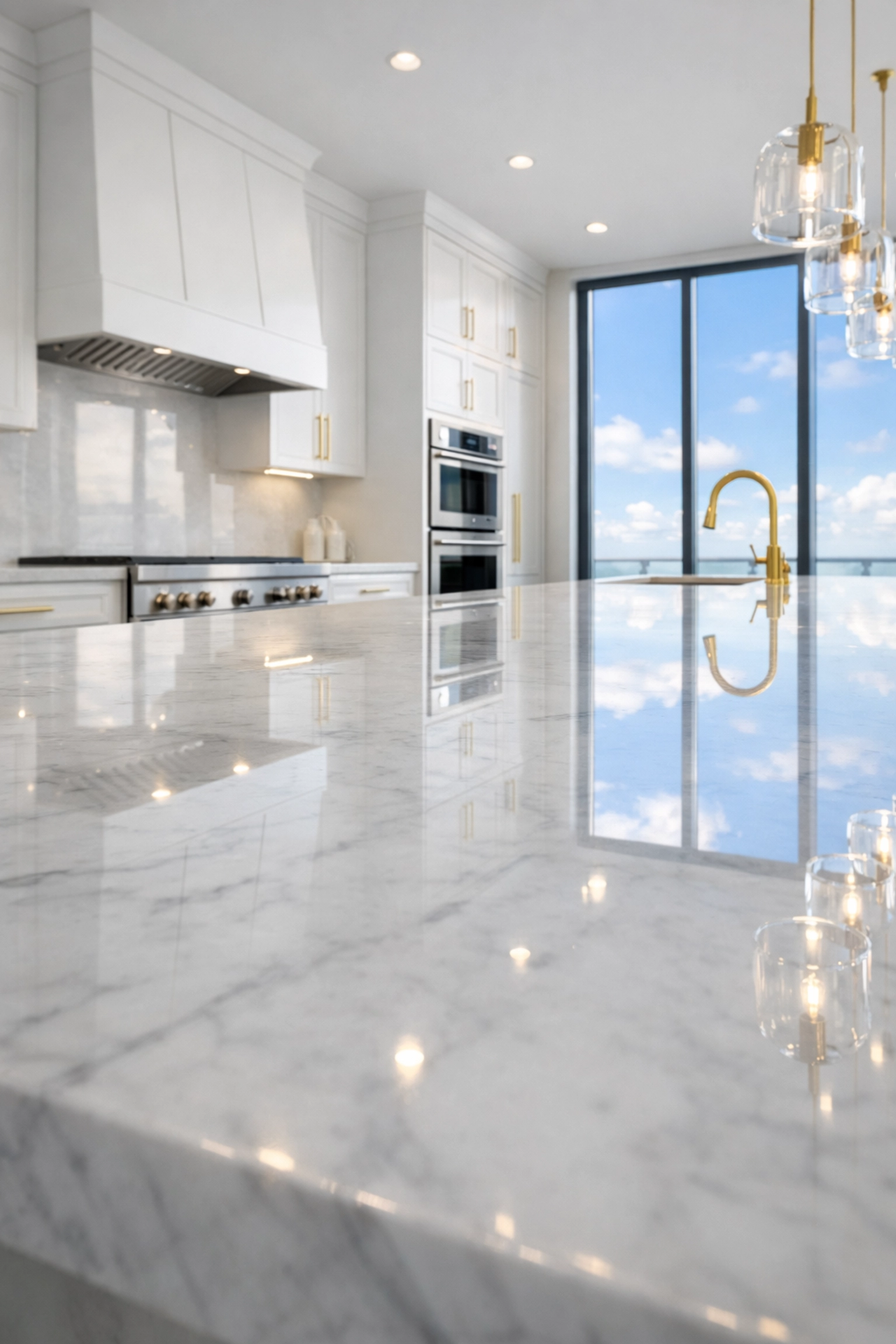 Reflective marble kitchen island in a luxury Hopkinton home, showcasing a marathon-ready spotless interior.