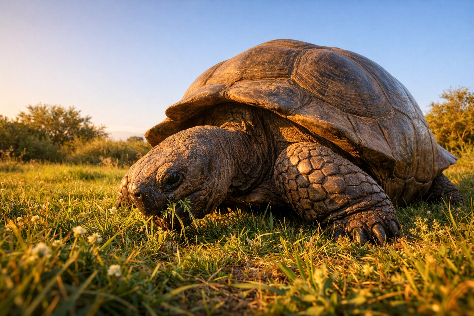 A Galápagos tortoise in a sun-filled meadow, representing brand alignment with nature and conservation.