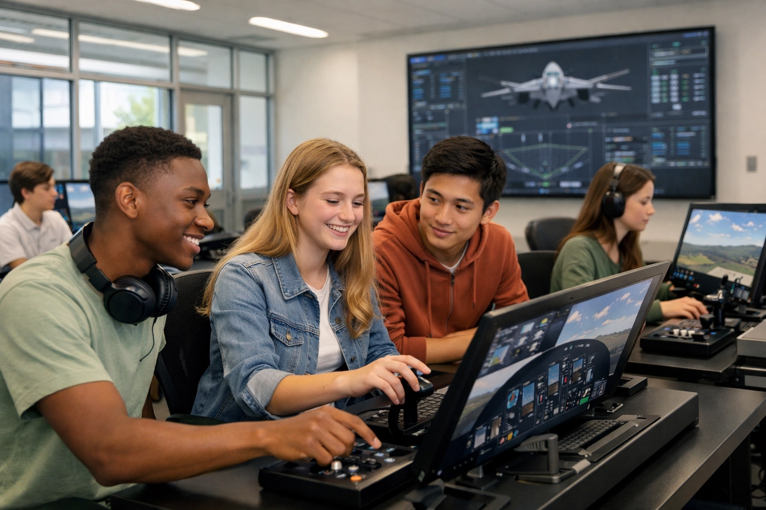 High school students using simulation technology and innovative media assets for educational growth.