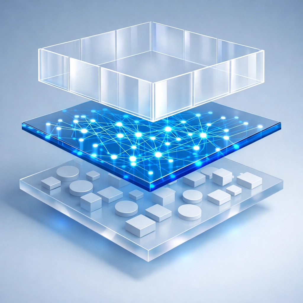 Hybrid AI automation model showing rule-based tasks, AI reasoning, and governance layers