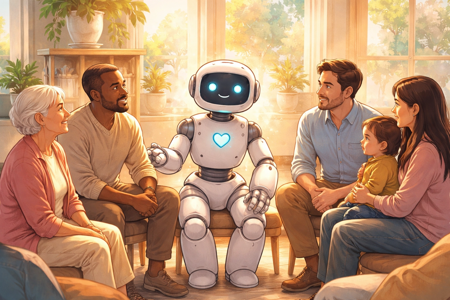 A friendly robot assistant and diverse community symbolizing AI and technology fostering spiritual connection in church settings.