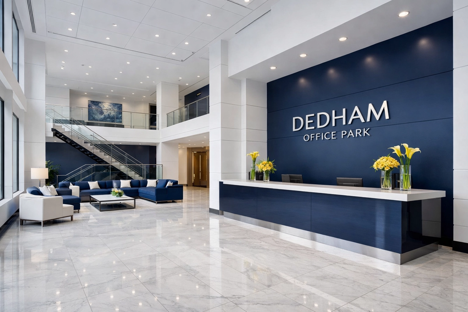 Clean corporate lobby with polished marble floors in a Dedham MA office building showing janitorial excellence.