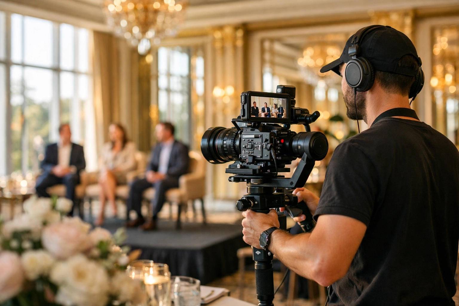 A corporate event videographer providing professional event videography services at a Beverly Hills ballroom.