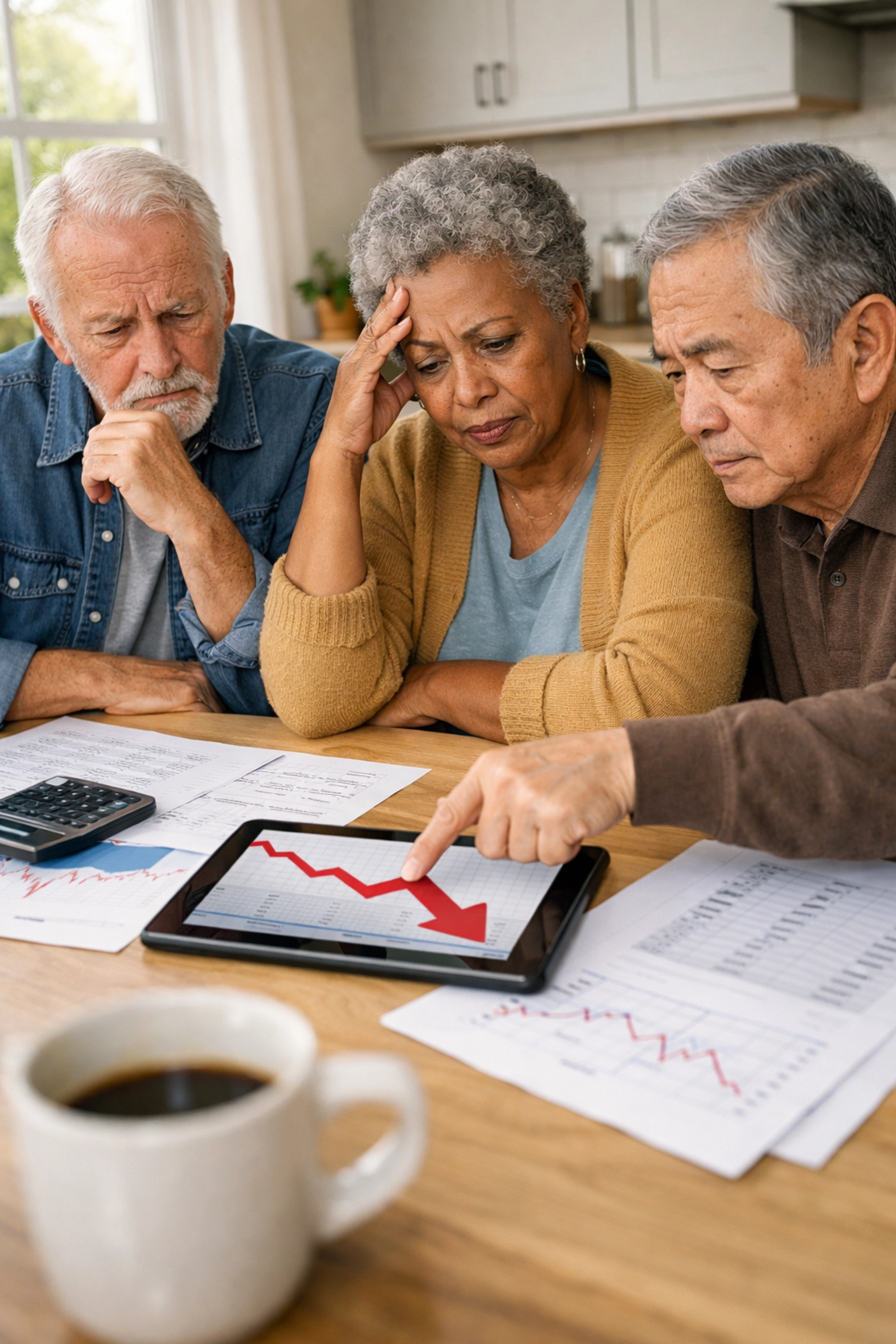 Retirees reviewing declining portfolio charts illustrating sequence of returns risk impact