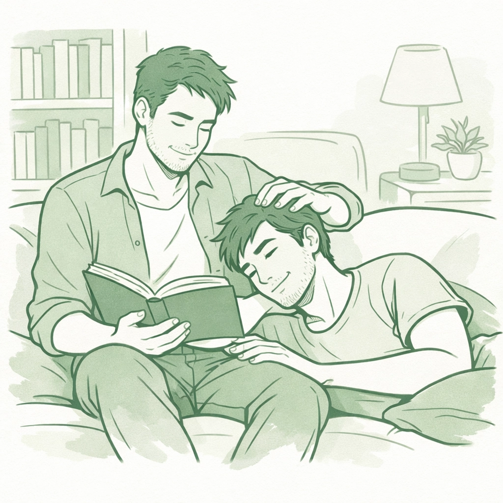 A gay couple reading together, reflecting the resilience and community connection found in MM romance books.